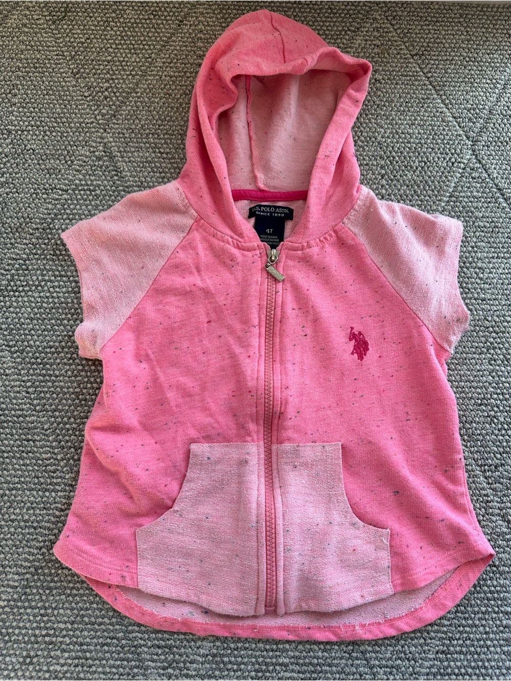 US Polo Assn Girls Pink Hooded Short-Sleeve Zip Sweatshirt